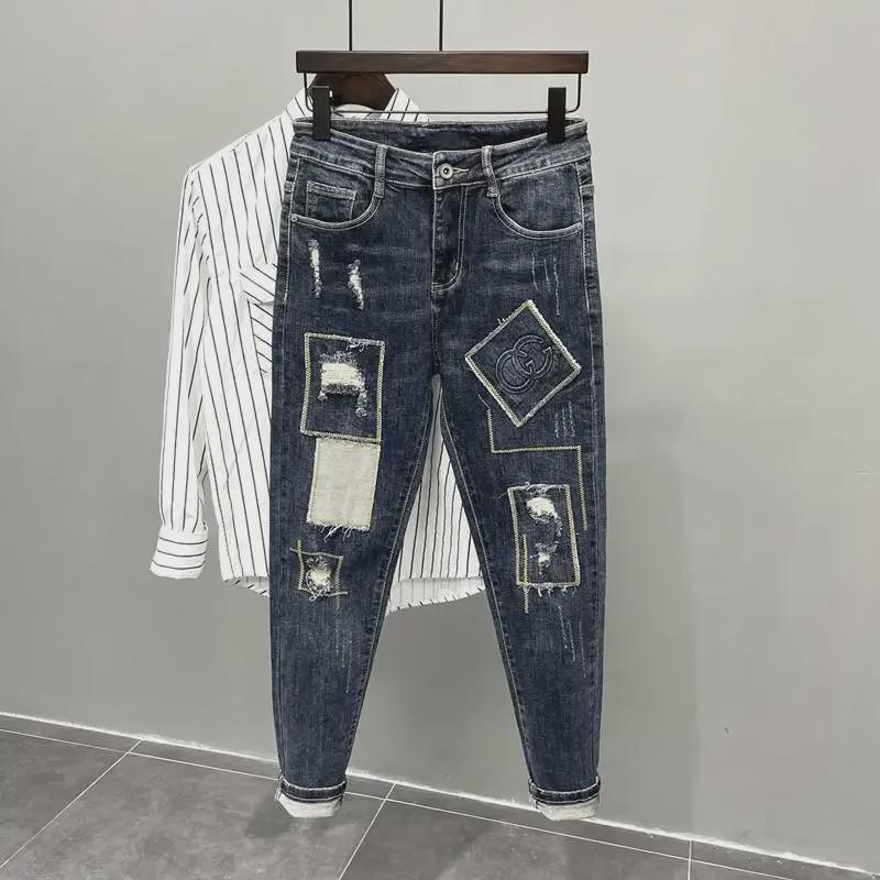 

Мужские модные корейские облегающие джинсы с рваными заплатками Size 29