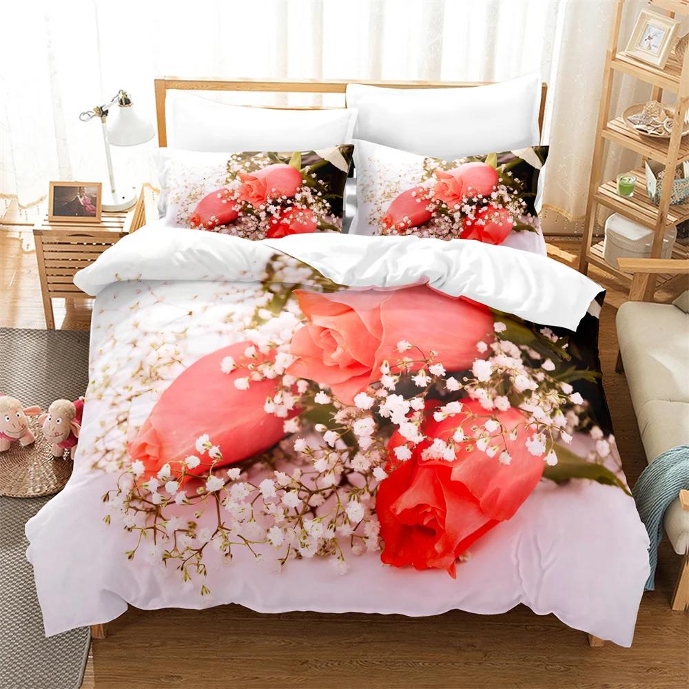 Comforter Rose Flower Bedding Set 4Pcs Pink Red 200X230 For Double Bed 3D Bedsheet 230X230 Full Size Thin Fabric