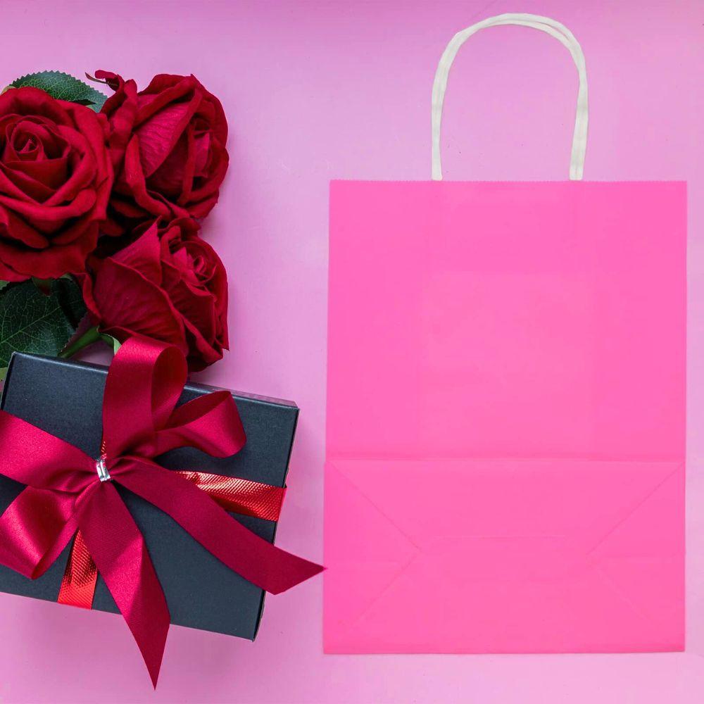 24pcs Kraft Paper Gift Bags Pink & Rose Red DIY Festival Party Tote Present Bags Supermarkets Gift Shops Packaging Supplies YMY