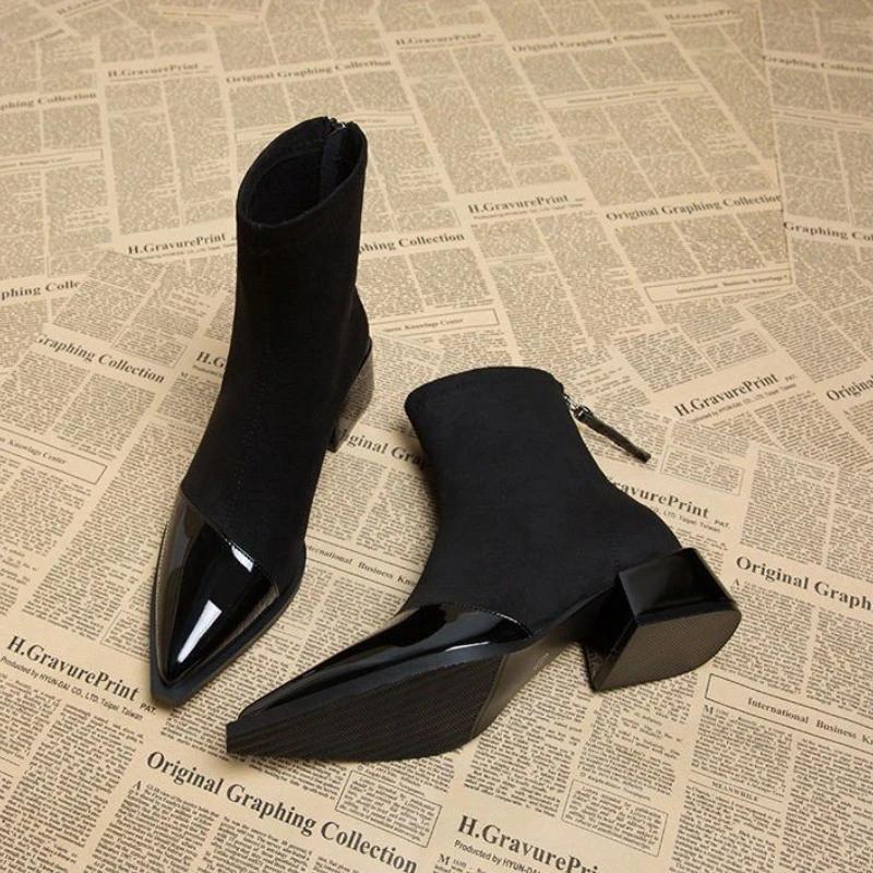 Fashion Simple and Versatile Winter Women Shoes 2024 High Quality Women's Pointed Toe Boots Comfortable Mid-heeled Zipper Short Boots