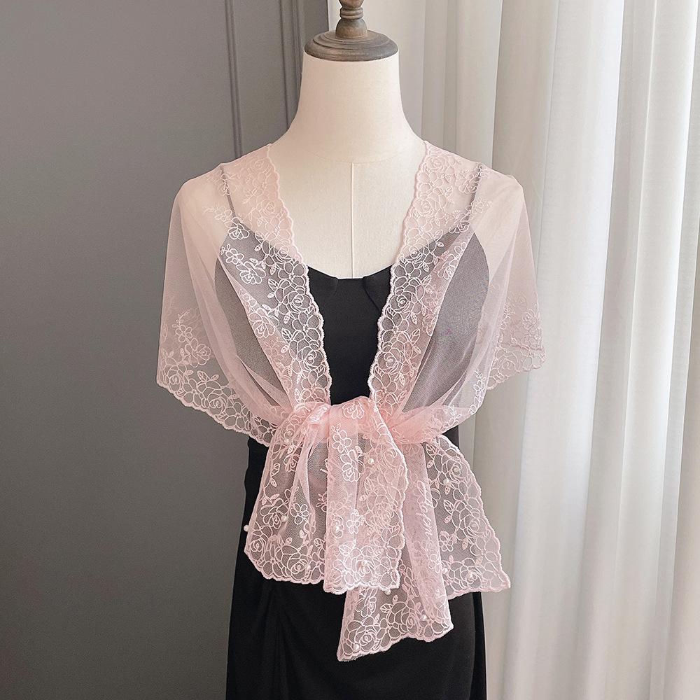 Elegant Embroidery Wide Version Lace Streamer Temperament Pearl Scarf Spring and Autumn Thin Shoulder Decorative Silk Women