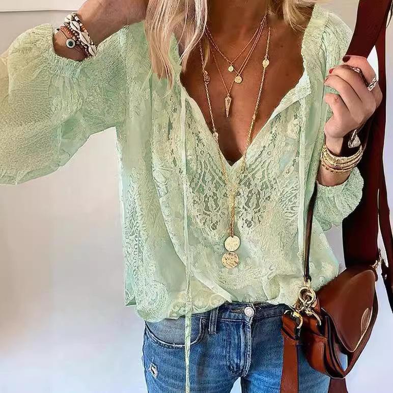 European-American Lace Print Loose-Fit Pullover Shirt