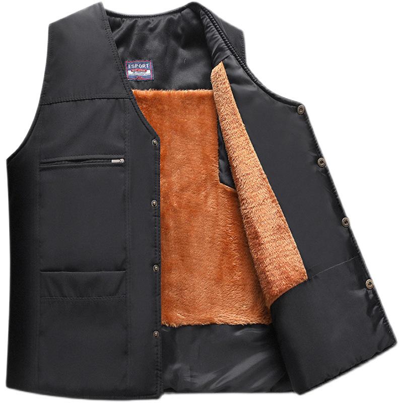Men's Autumn/Winter Fleece-Lined Multi-Pocket Sleeveless Vest - Warm Cotton Waistcoat for Middle-Aged & Elderly