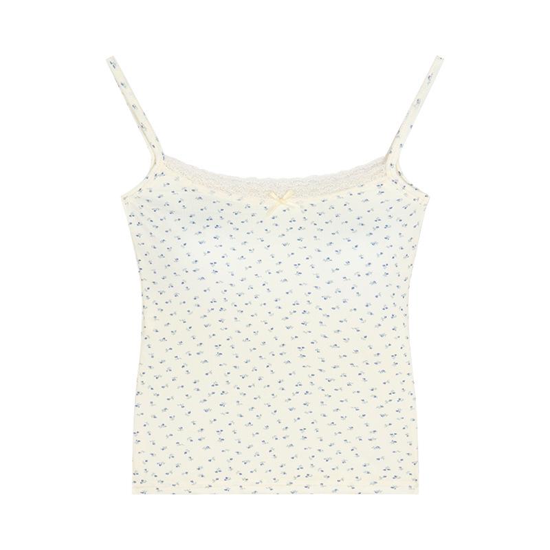 Sweet & Spicy Blue Lace Trim Floral Camisole with Chest Pads for Women