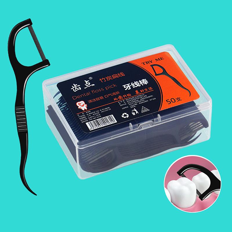 Flat Dental Floss 50Pcs Bamboo Charcoal Interdental Brush Dental Toothpick Teeth Cleaning Organic Dental Teeth Floss Black