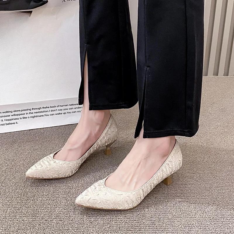 Móda 2024 Béžové vysoké podpatky Mělké boty na jemném podpatku Stiletto Nazouvací gumové Tenké bavlněné Béžové vysoké podpatky Mělká ústa podpatky