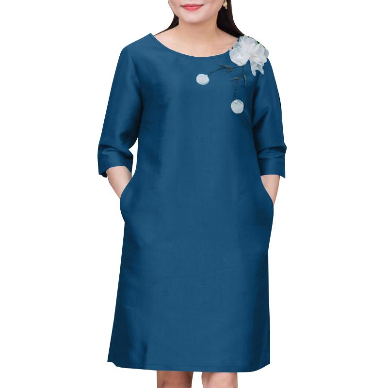 

ZANZEA Женское повседневное платье с круглым вырезом и рукавами 3/4 свободного кроя с цветочным принтом 5XL синий