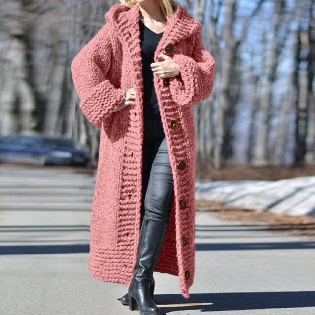 Cardigan con cappuccio da donna a tinta unita, vestibilità larga, lunghezza lunga, con bottoni a monopetto