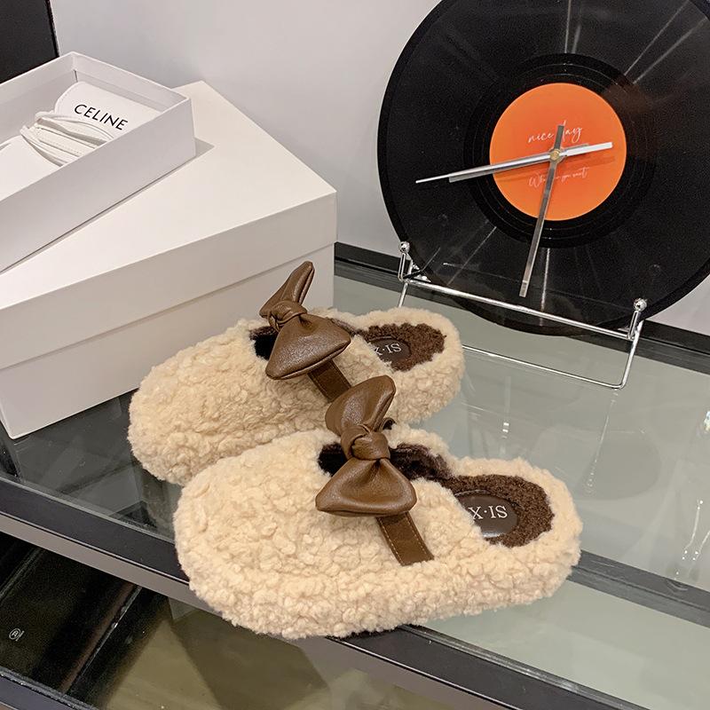 Bow Leopard Print Fluffy Shoes for Women's Outer Wear 2025 Autumn and Winter Sweet and Warm One-pedal Cotton Drag Velvet Bean Shoes