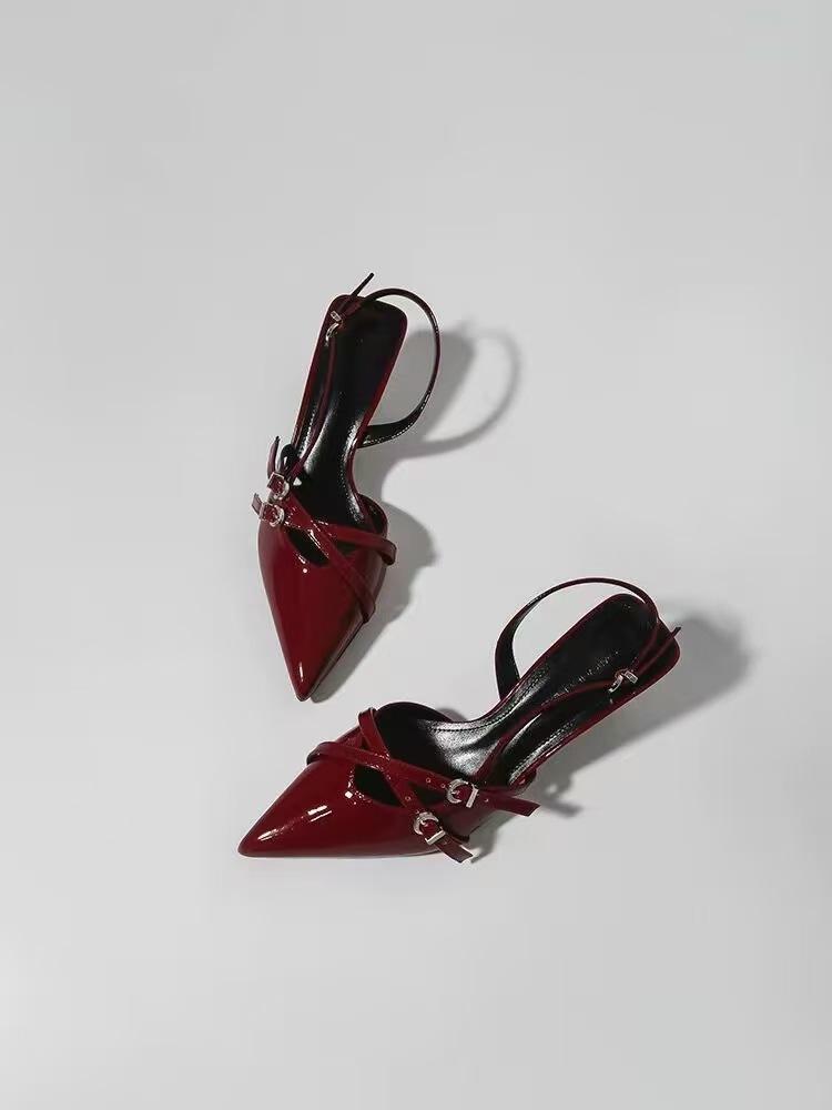 

Европейские и американские туфли на каблуке-рюмочке, весна 2025, новые женские черные босоножки на высоком каблуке с острым носком и неглубокой шпилькой 42 бордовый