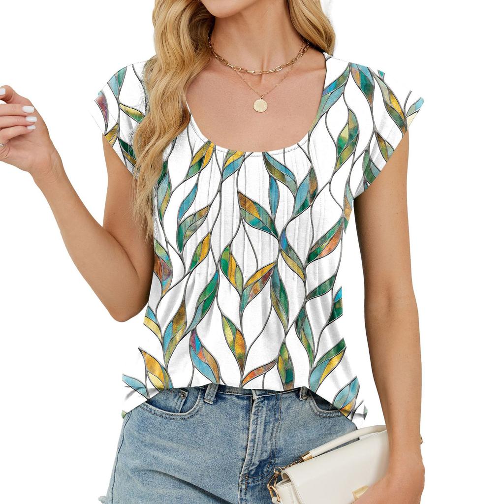 Spring and Summer New Printed Round Neck Striped Loose Short Sleeved T-shirt Top for Women