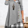 Womens Long Sleeve Casual Loose Dress Patchwork Decorated Button Plaid Print Dress