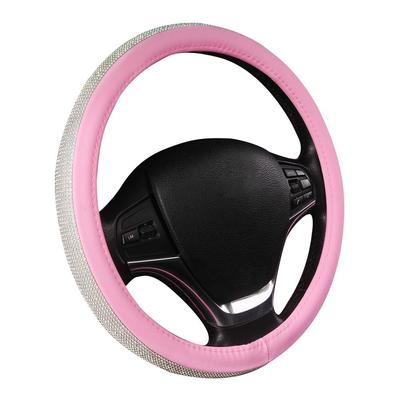 Capa de volante de couro diamante com cristal Bling Bling rosa