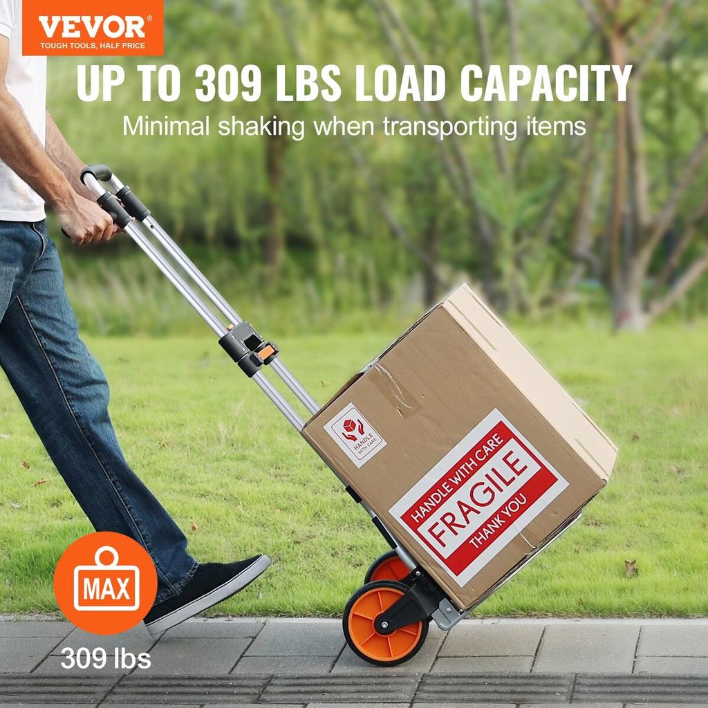 Folding Hand Truck, 309 Lbs Load Capacity, Aluminum Portable Cart, Convertible Hand Truck and Dolly with Telescoping Handle and PP+TPR Wheels, Ultra