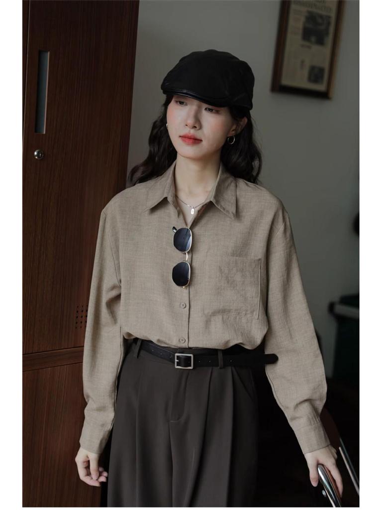 Women's Retro Hong Kong Style Green Cotton-Linen Long Sleeve Shirt, Slim Fit for Spring and Autumn