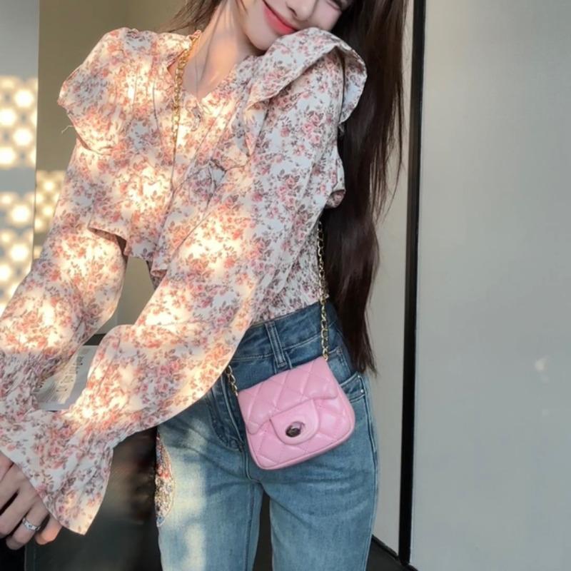 

Женская рубашка в стиле пэчворк с цветочным узором и оборками, свободный женский пуловер для поездок на работу, топ с круглым вырезом, французский шик, женская футболка S