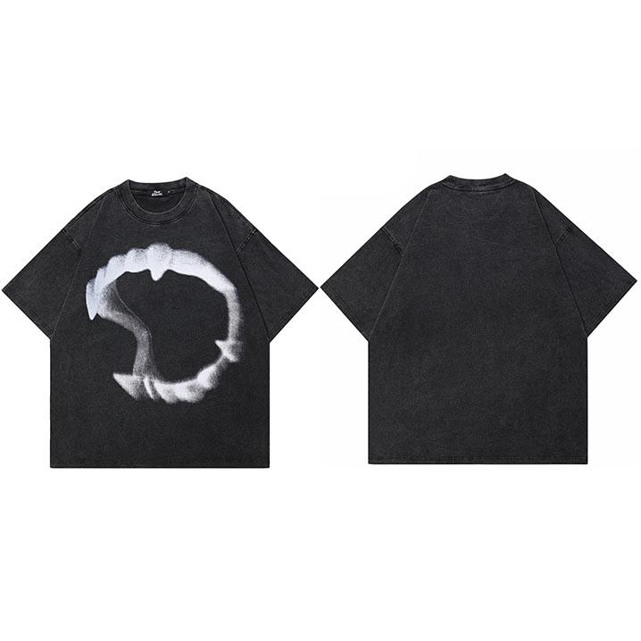 

Hip Hop Streetwear Men TShirt Oversized Animal Teeth Graphic T Shirt Retro Washed Black Unisex Tshirt Cotton Tops Tees S