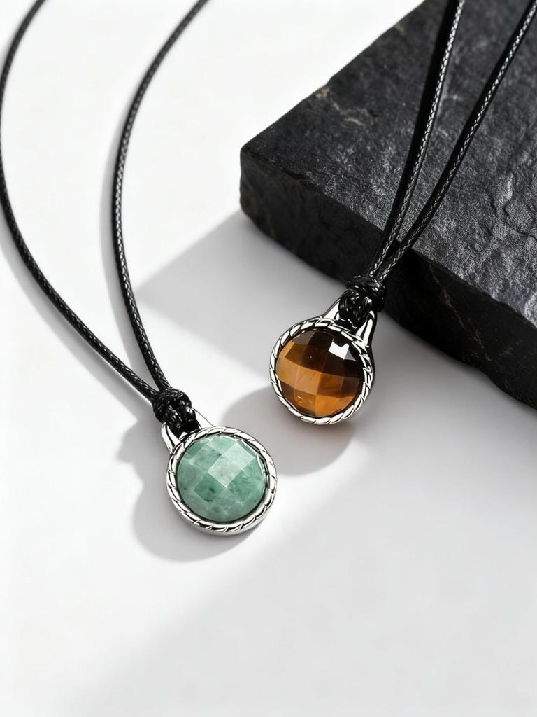 Faceted Sparkling Natural Stone Pendant for Men,Adjustable Black Cord Long Chain Tiger Eye Stone Collars,Stylish Jewelry Gift