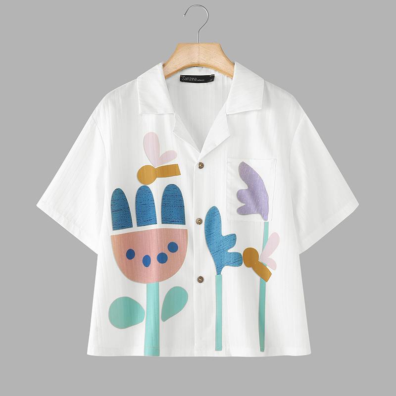 ZANZEA Women Casual Turn Down Collar Short Sleeve Loose Print Blouse