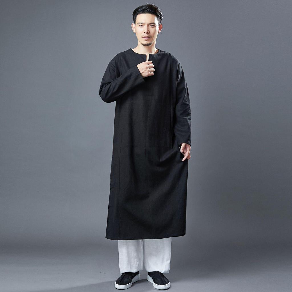 Herren Morgenmantel lang: 25% Hanf, 25% Leinen, Ramie V-Ausschnitt, Einfarbig Schlitz Zen Tee-Kleidung