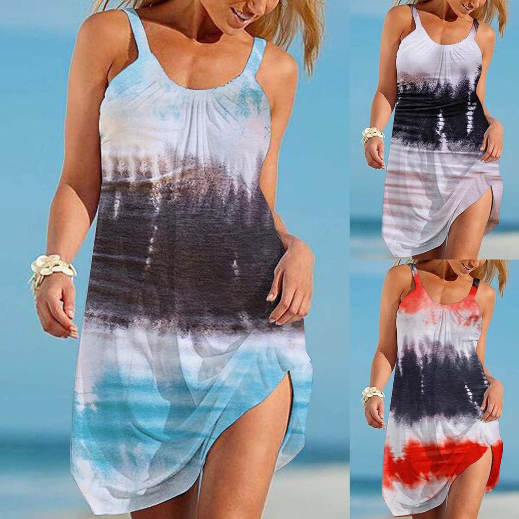 Dame Mote Gradient Trykk Ermeløs Spaghetti Maxi Kjole