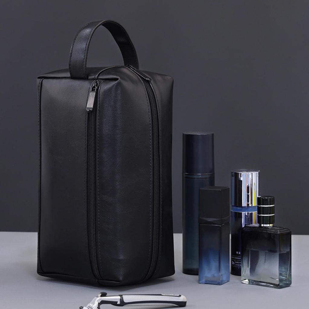 Men Leather Travel Business Shaving Cosmetic Pouch Strorage Bag Portable Toiletry Bag Large Capacity Organizer Handheld Toiletry Kits
