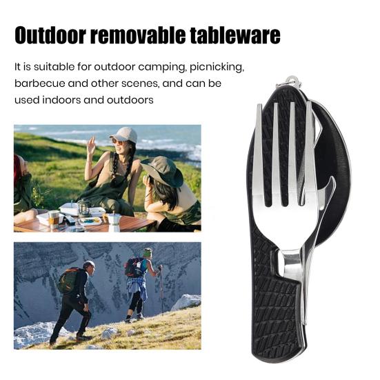 4-In-1 Folding Camping Utensils Stainless Steel Spoon Fork Knife Opener Combo Set Portable Multifunctional Lightweight Outdoor Tableware for Travel