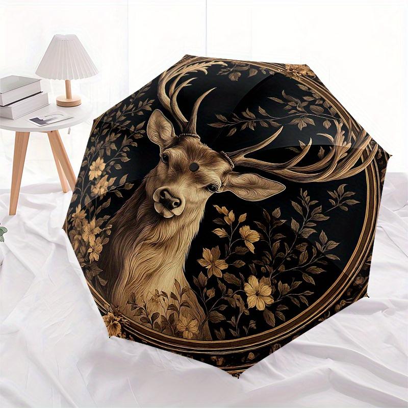 Elegant Deer Wall Decor: Nature's Majestyin Gold & BlackUmbrella, Portable 3-Fold Compact Umbrella for Men & Women Gift
