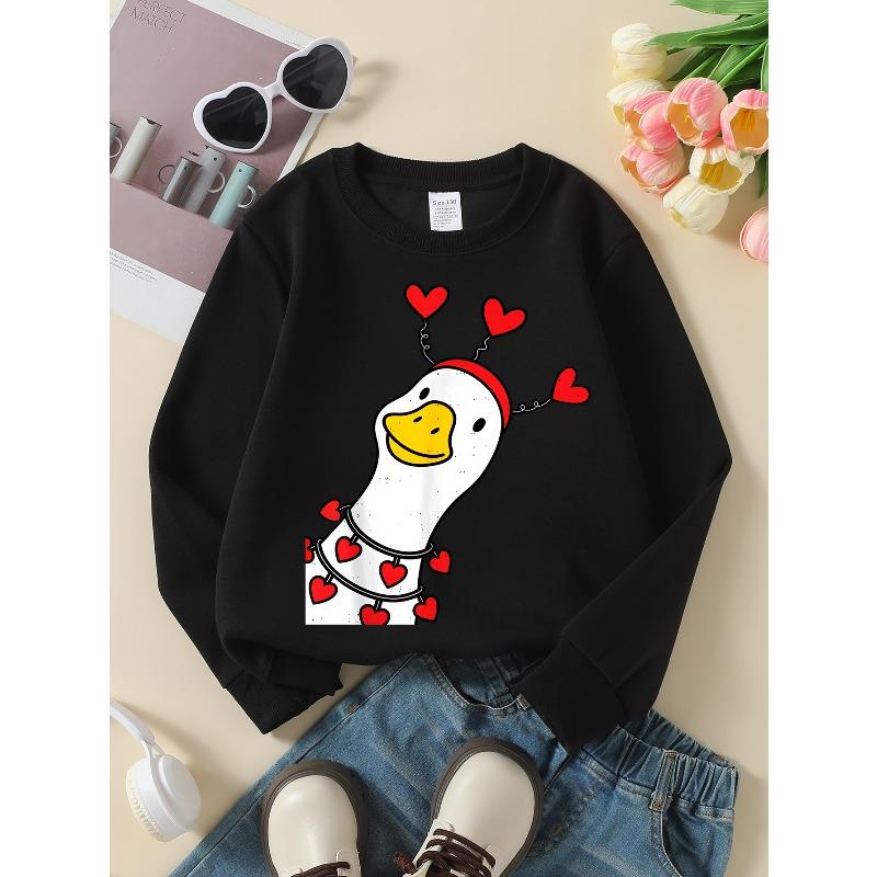 Girls' Crewneck Sweatshirt Duck with Hearts And Red Hat Machine Washable, Spring And Autumn, Sportswear And Casual Wear