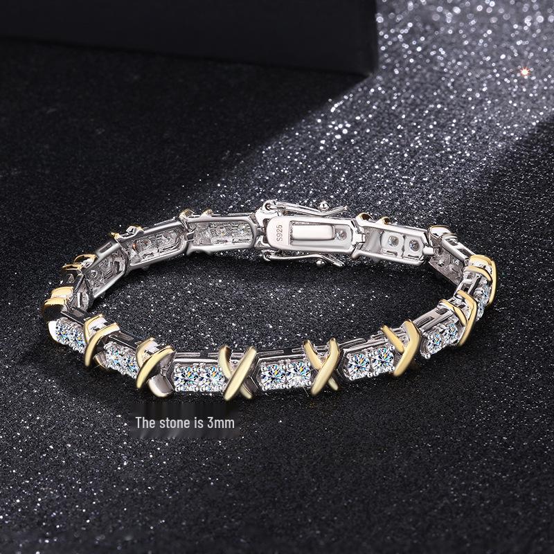S925 Sterling Silver Two-Tone Gold XO Diamond Bracelet - Retro and Versatile Style
