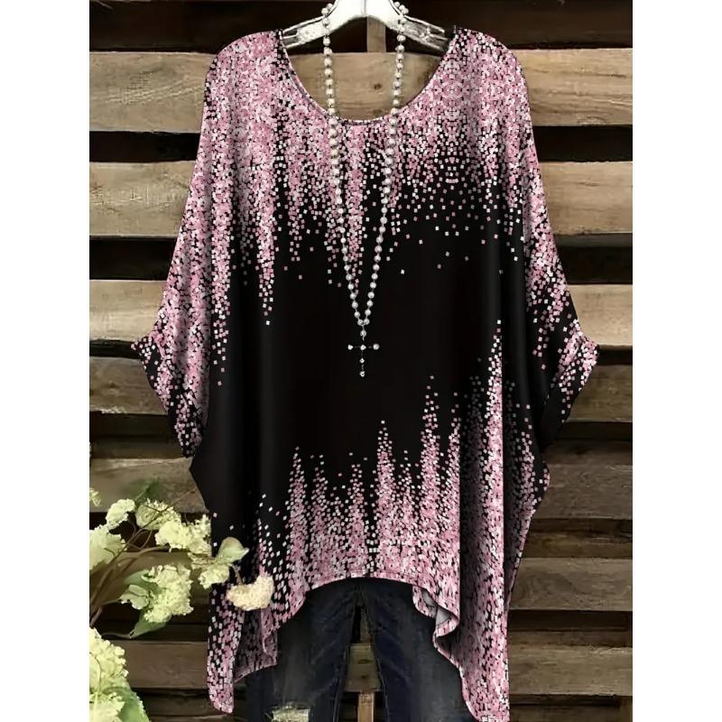 Damskie T-shirty Letnie Gradientowe Sequin Graficzne Topy Dekolt O-neck Damska Odzież Vintage Kwiatowy Nadruk Koszulki Luźne Oversize
