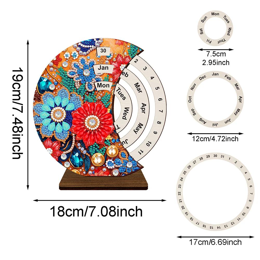 Wooden Special Shaped Colorful Pattern Diamond Art Desktop Perpetual Calendar Diamond Painting Dial Moon Calendar for Beginners
