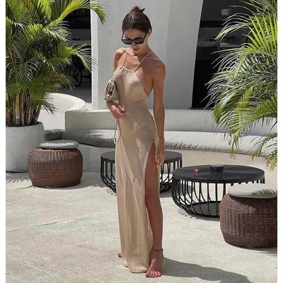 2024 Kintted Cover Up Beach Sexy Halter Bez rukávov Priehľadné Maxi Rozparkované Bodycon Letné Šaty Bikiny Prikrývky Elegantné Halter Beachdress