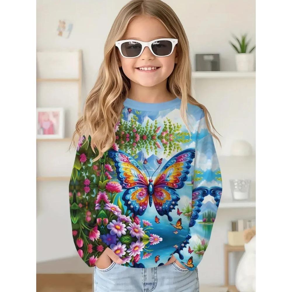 

Весенне-осенние футболки с круглым вырезом и 3D-принтом в виде бабочки, модные, повседневные, с длинным рукавом, для девочек 160 синий