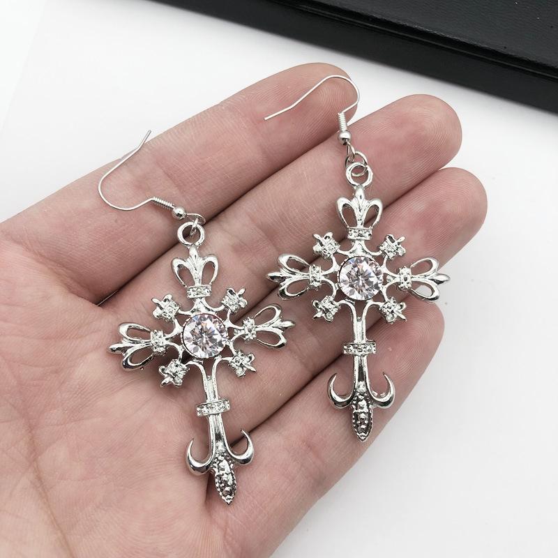 Gothic Punk Hollowed-out Cross Anchor Red Zircon Pendant Dangle Earrings for Women Personality Charm Hoop Earring Jewelry Gifts