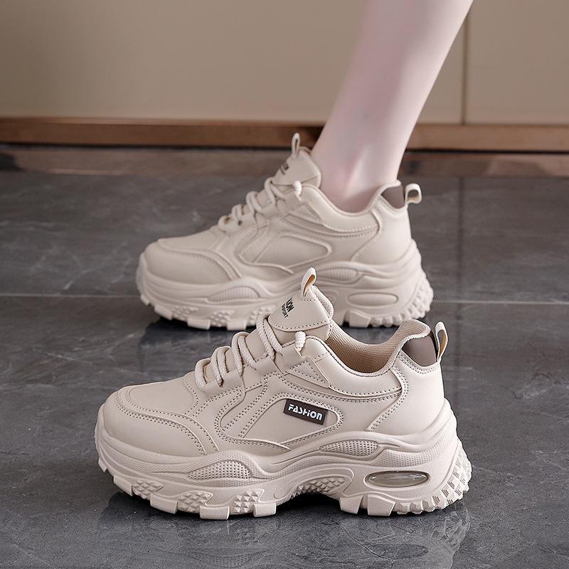 Korean Style Pu Leather Upper Thick Sole Platform Dad Sneakers Women Casual Sports Walking Shoes