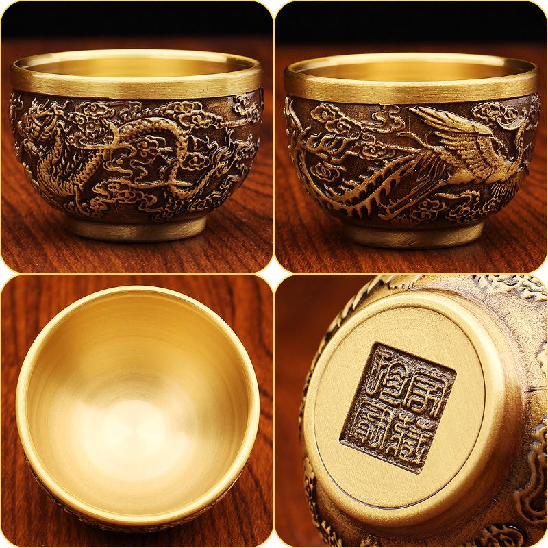 Dragon & Phoenix Brass Copper Teacup: Creative Bronze Metal Wine and Tea Cup