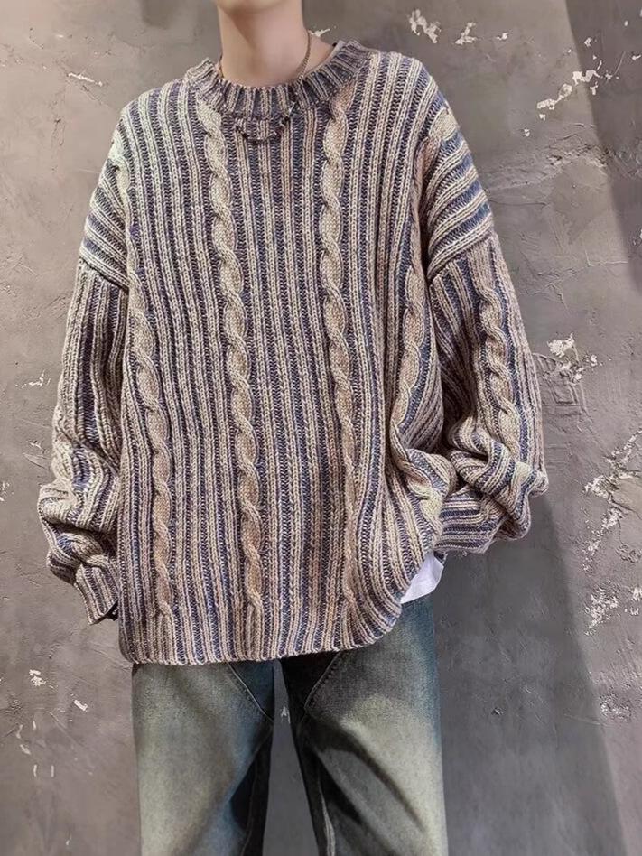 Men's Striped Jacquard Sweater - Retro Japanese American Style, Cool Casual Round Neck Knitwear for Autumn/Winter.