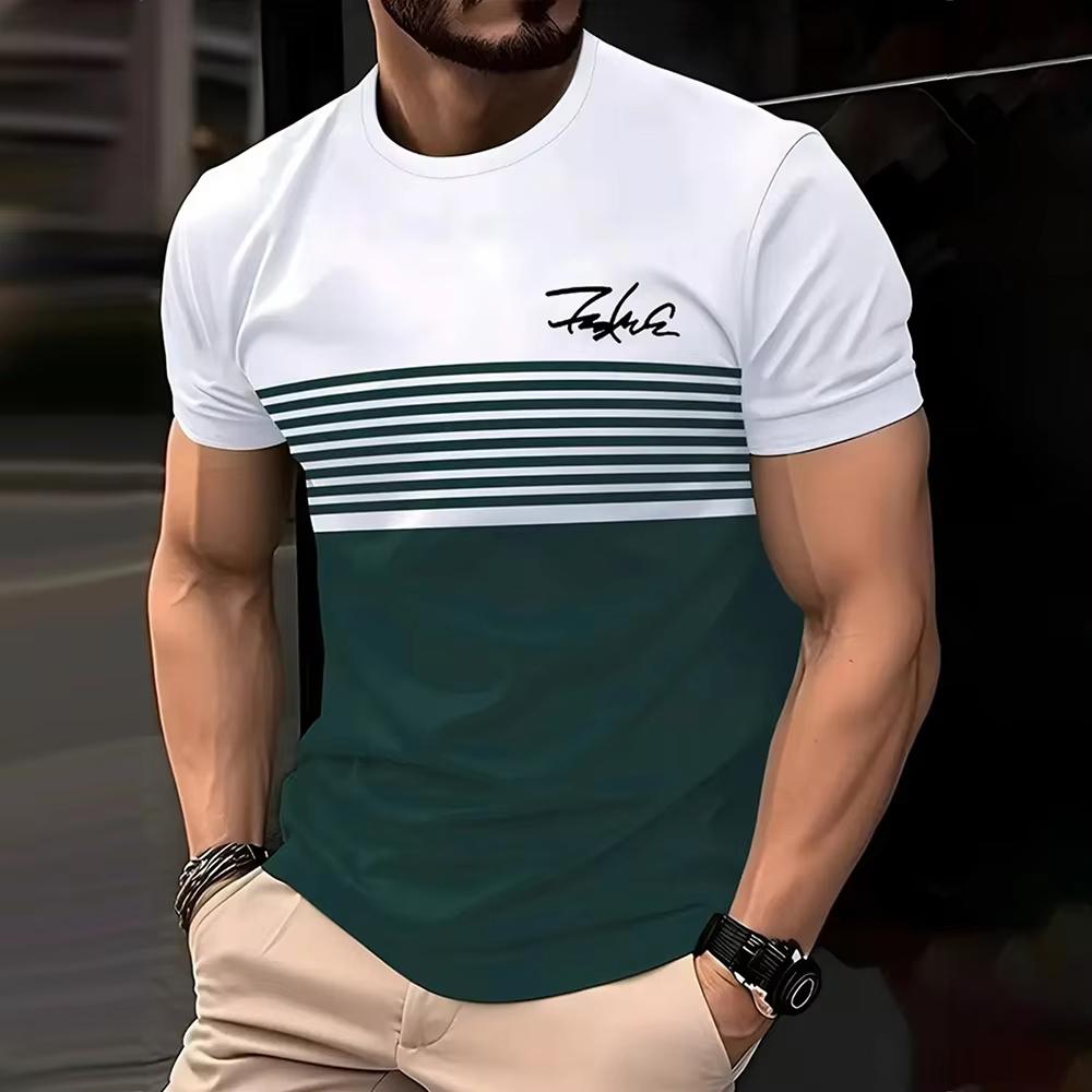 Fashion Striped Printed Short Sleeved T-shirt for Spring and Summer Casual Round Neck T-shirt, Soft and Breathable Men's T-shirt