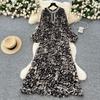 High-end Elegant Dress Women's European and American Fashion Nail Drill Hollow Round Neck Long Sleeve Loose and Thin Leopard Print Pleated Dress