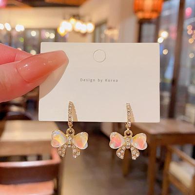 Luxury High-End Laser Color Bow Earrings for Women, S925 Silver Needle with Super Flash Diamonds
