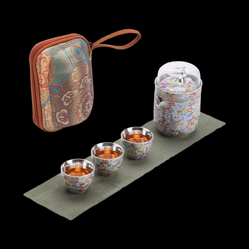 Su Shi Ceramic Travel Tea Set - Gilded Silver Myriad Flowers