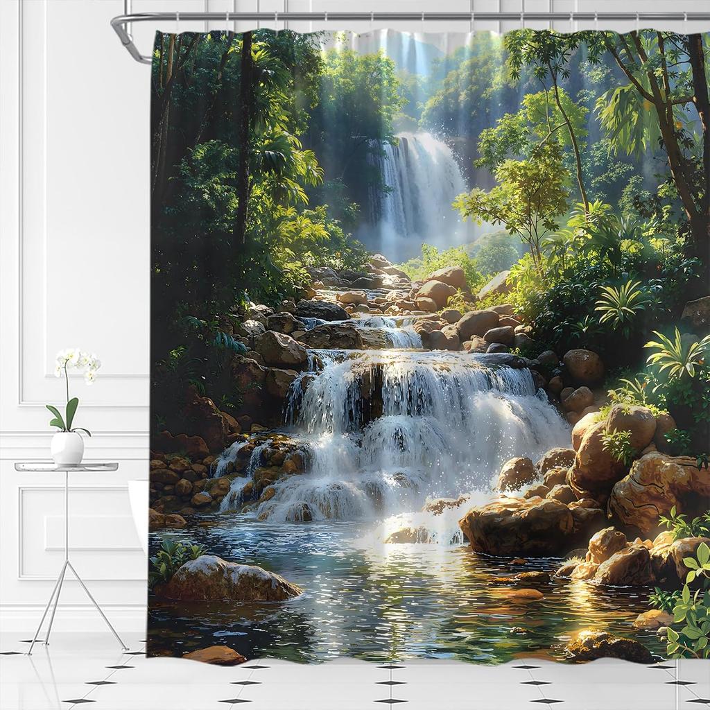 Waterfall Shower Curtain Forest Waterfall Nature Scenery Green Tree Outdoor Landscape Tropical Jungle Rainforest Fabric Bathroom