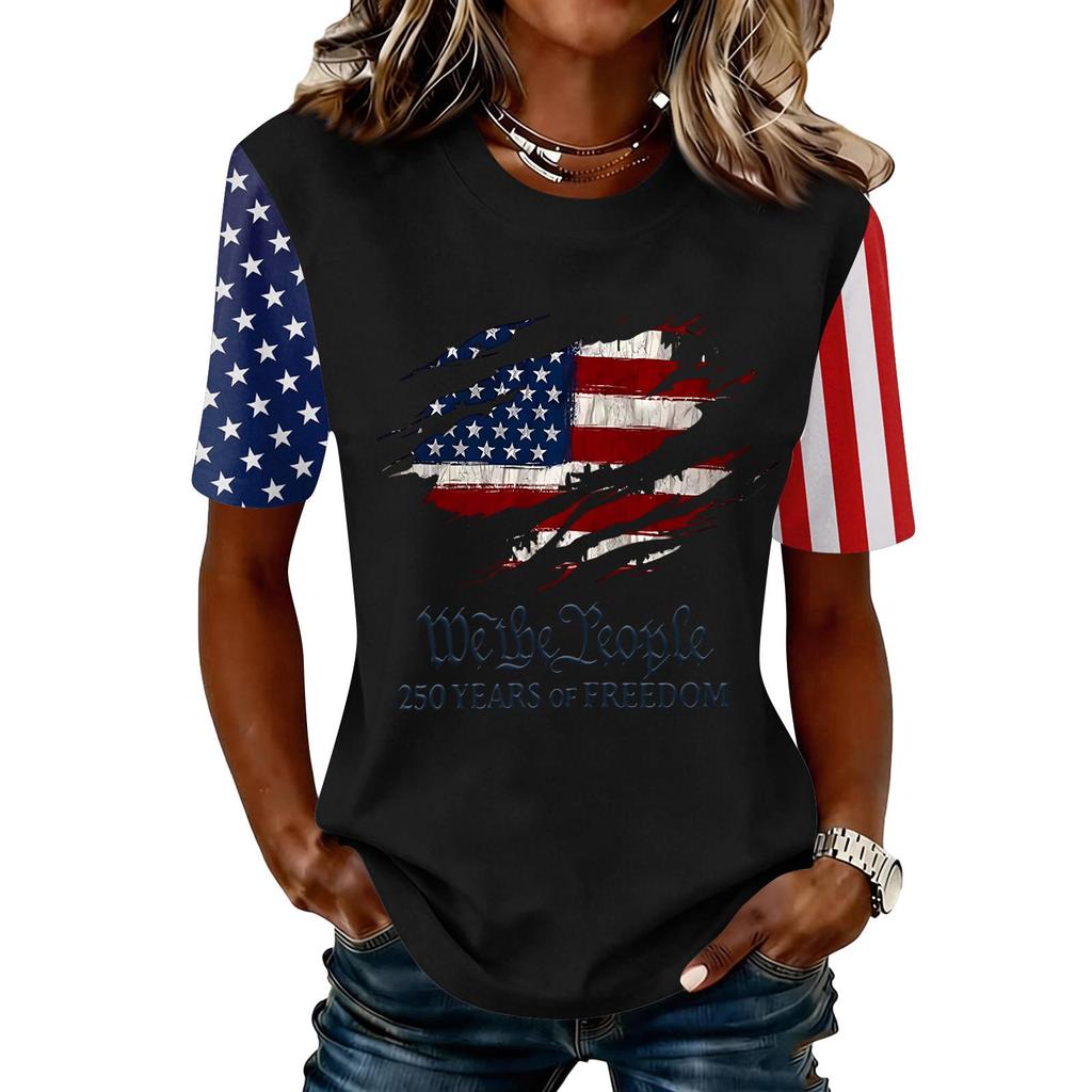 Blusa Feminina da Moda Casual de Manga Curta com Estampa e Gola Redonda