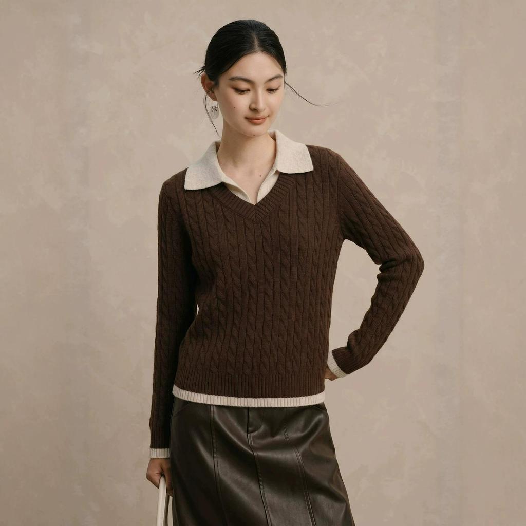 Retro Cable Knit Wool Two-Piece Color Block Lapel Sweater - Women's College Style Slimming Top