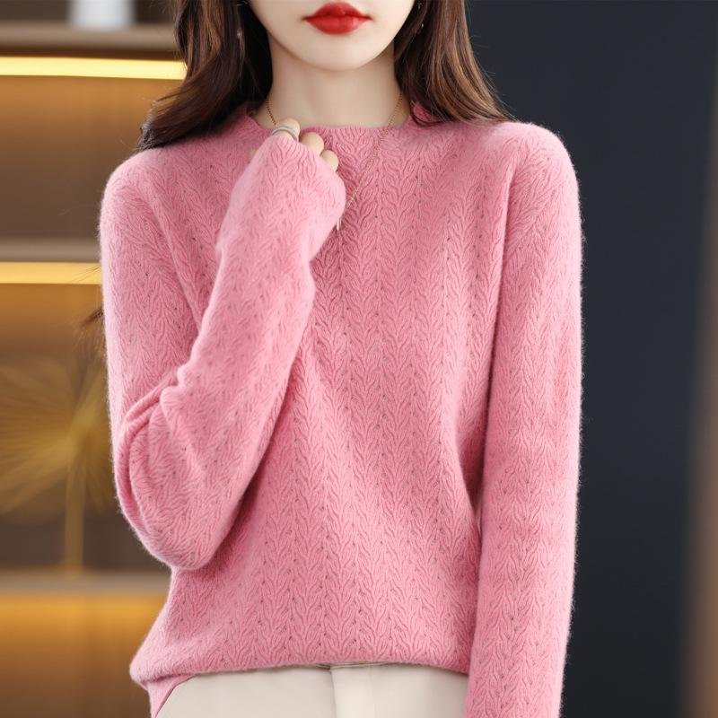 Women's Retro Wool Knit Hollow Out Sweater - Autumn/Winter Long Sleeve Half High Neck Pullover.