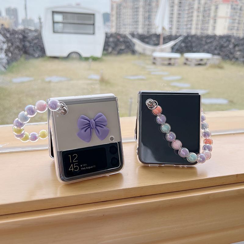 Mode Perlen Armband Kette 3d Bogen-Knoten Telefon Fall Für Samsung Galaxy Zflip Zflip3 5g Zflip4 Hand Strap Klar Hard Cover Fundas