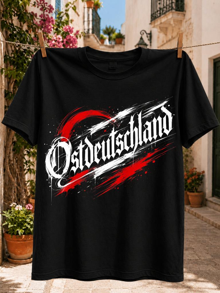 Gothic Ostdeutschland Calligraphy Over Sweeping Red And Grunge Brush Strokes Unisex All Unisex All Tshirt