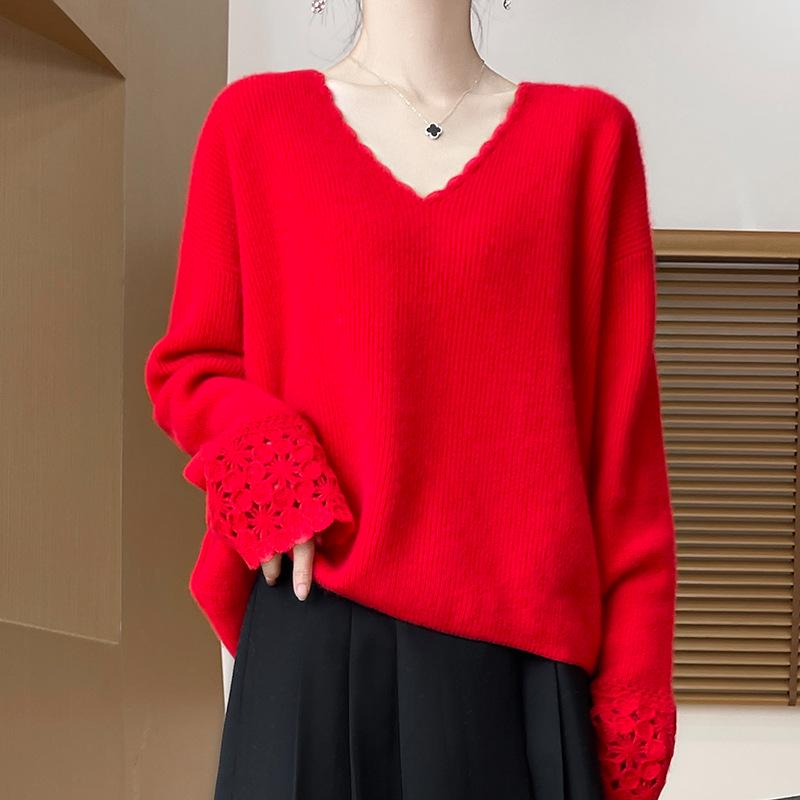 Women's 100% Pure Wool V-Neck Lace Long Sleeve Loose Sweater - Autumn/Winter 2025 Collection