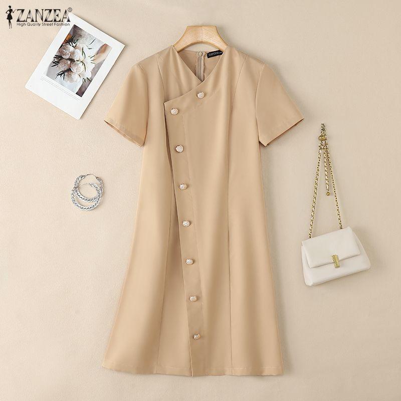ZANZEA Vestido Casual Feminino de Verão com Decote em V e Manga Curta